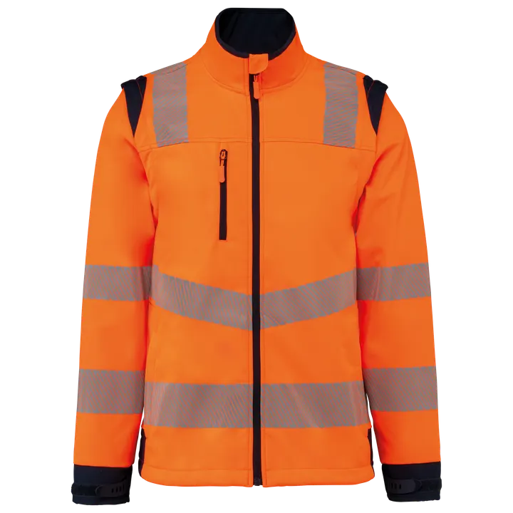 Recycelte Safety Softshell-Jacke mit abnehmbaren Ärmeln Hi Viz Orange / Navy