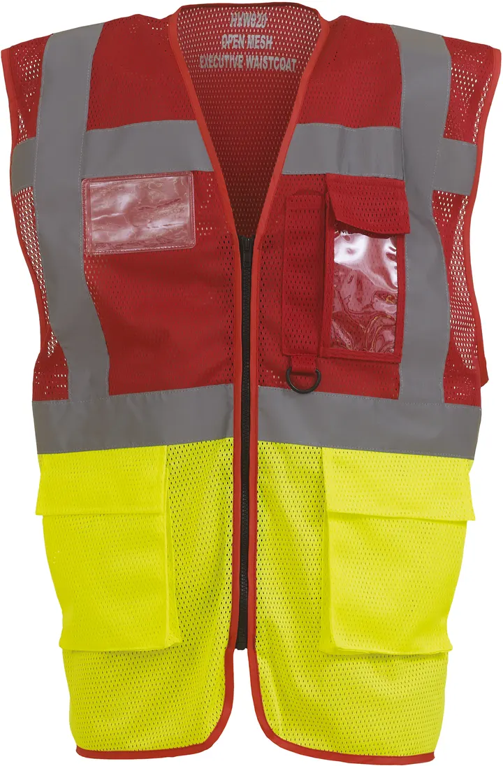 Top Cool - Hi-Vis mesh executive waistcoat Red / Hi Vis Yellow