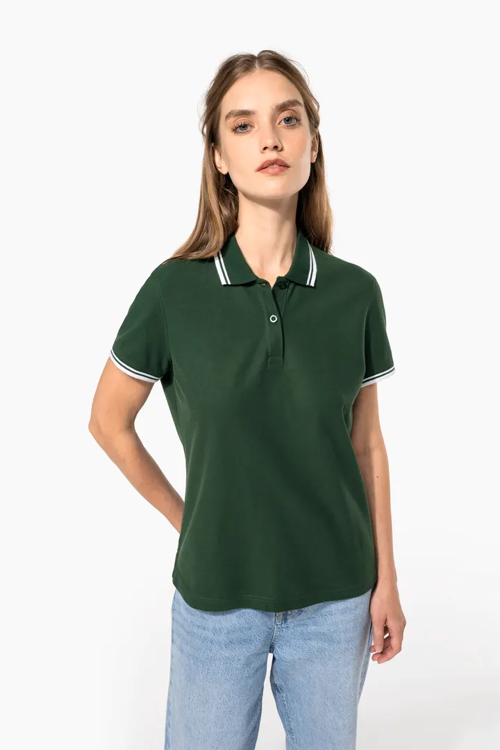 Damen Poloshirt mit kurzen Ärmeln und kontrastfarbenen Paspeln 14