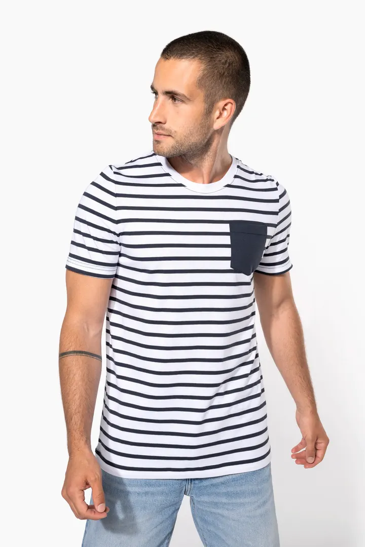 Gestreiftes Kurzarm-T-Shirt im Marine-Stil mit Tasche 2