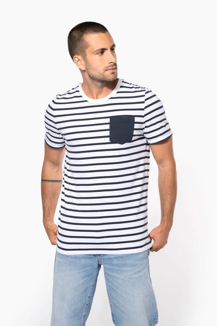 Gestreiftes Kurzarm-T-Shirt im Marine-Stil mit Tasche 5
