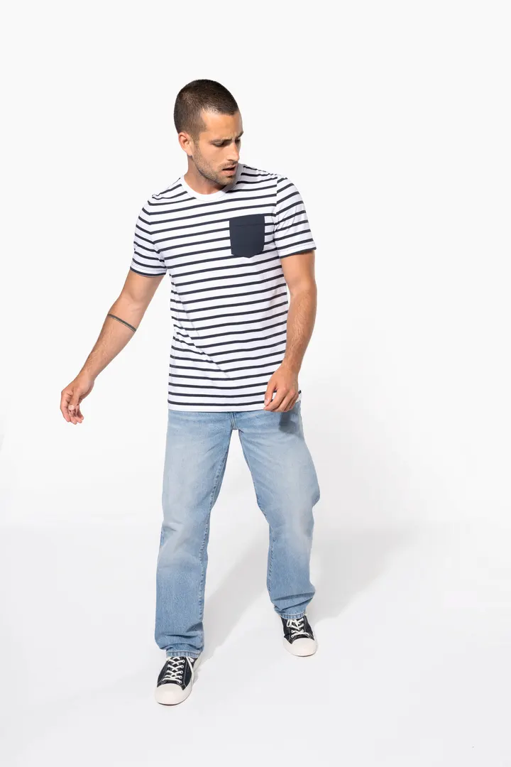 Gestreiftes Kurzarm-T-Shirt im Marine-Stil mit Tasche 6