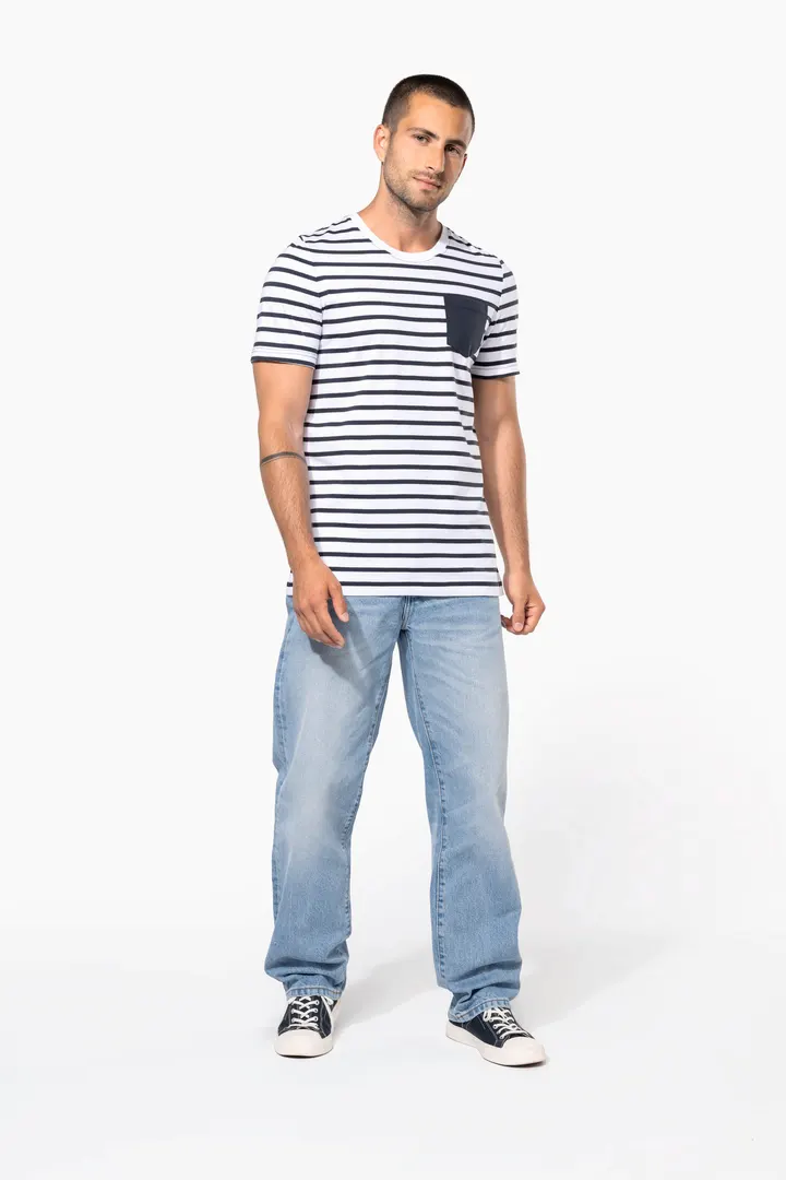 Gestreiftes Kurzarm-T-Shirt im Marine-Stil mit Tasche 7