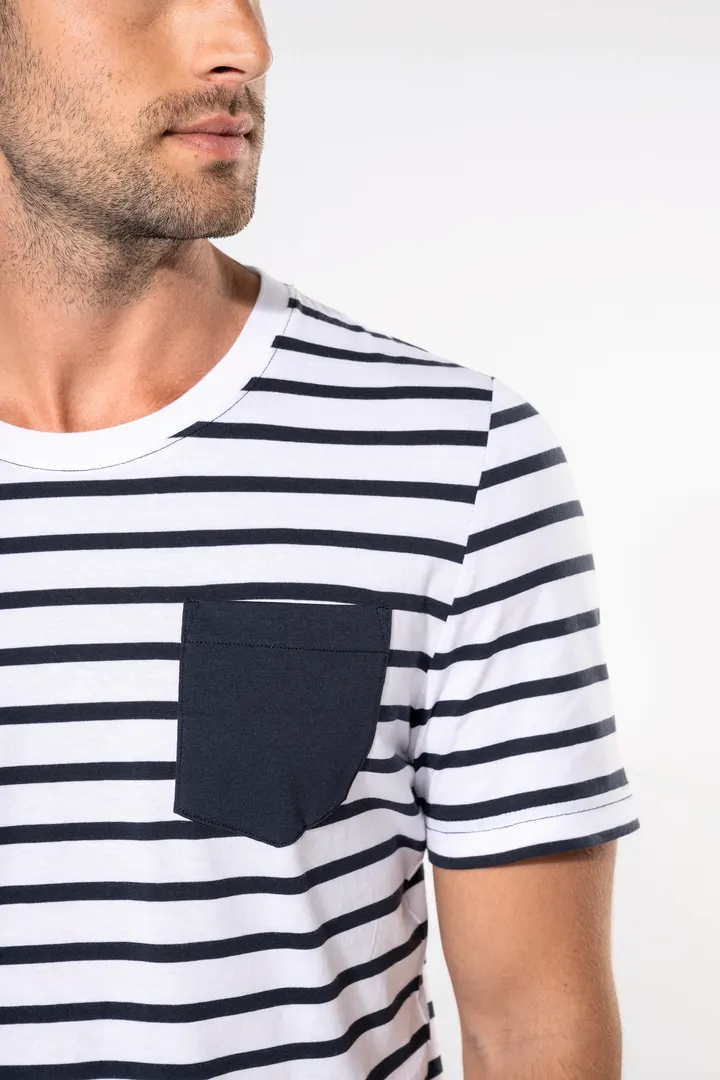 Gestreiftes Kurzarm-T-Shirt im Marine-Stil mit Tasche 8