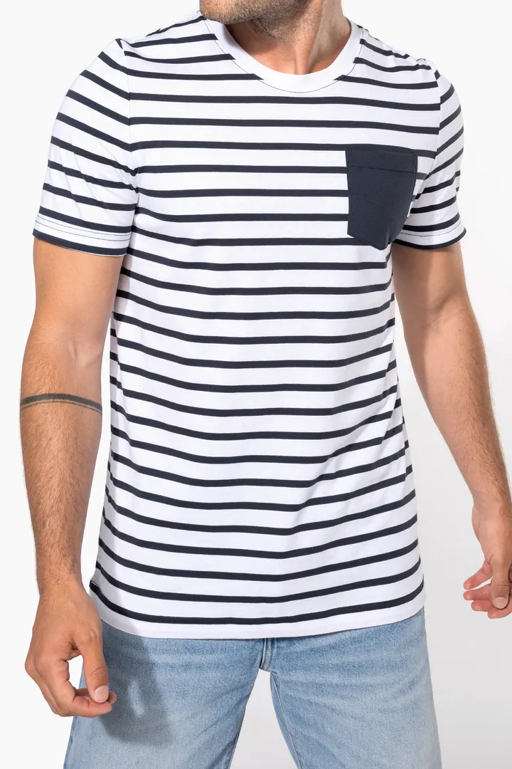 Gestreiftes Kurzarm-T-Shirt im Marine-Stil mit Tasche 3