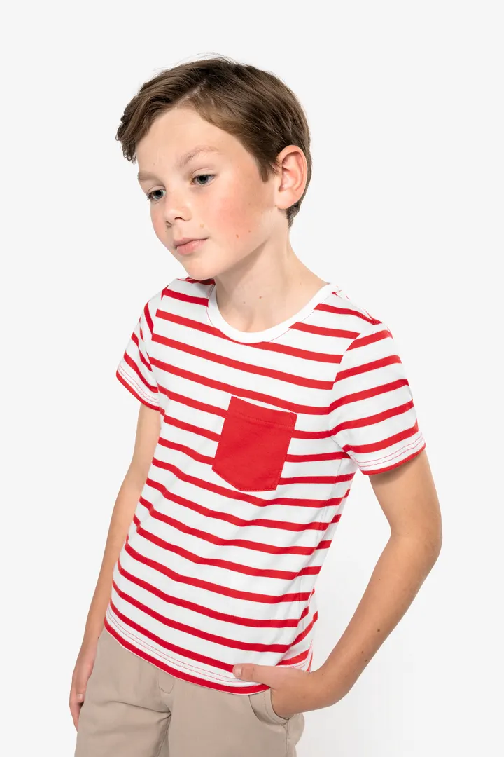 Gestreiftes Kurzarm-T-Shirt mit Tasche für Kinder im Marine-Stil 14