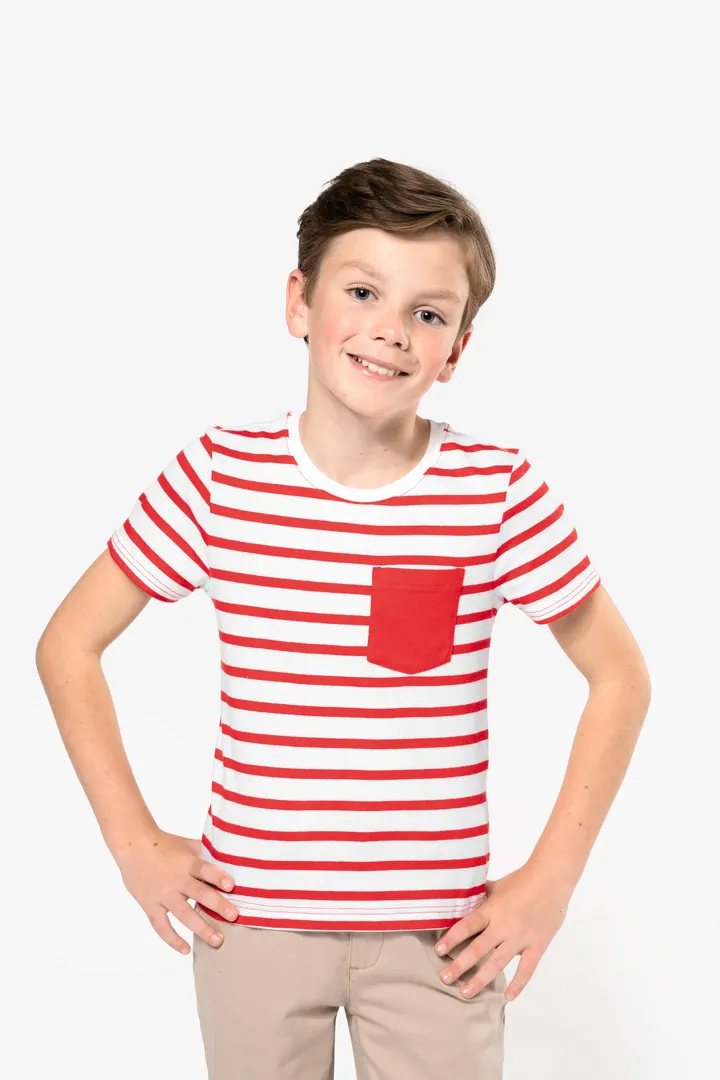 Gestreiftes Kurzarm-T-Shirt mit Tasche für Kinder im Marine-Stil 15