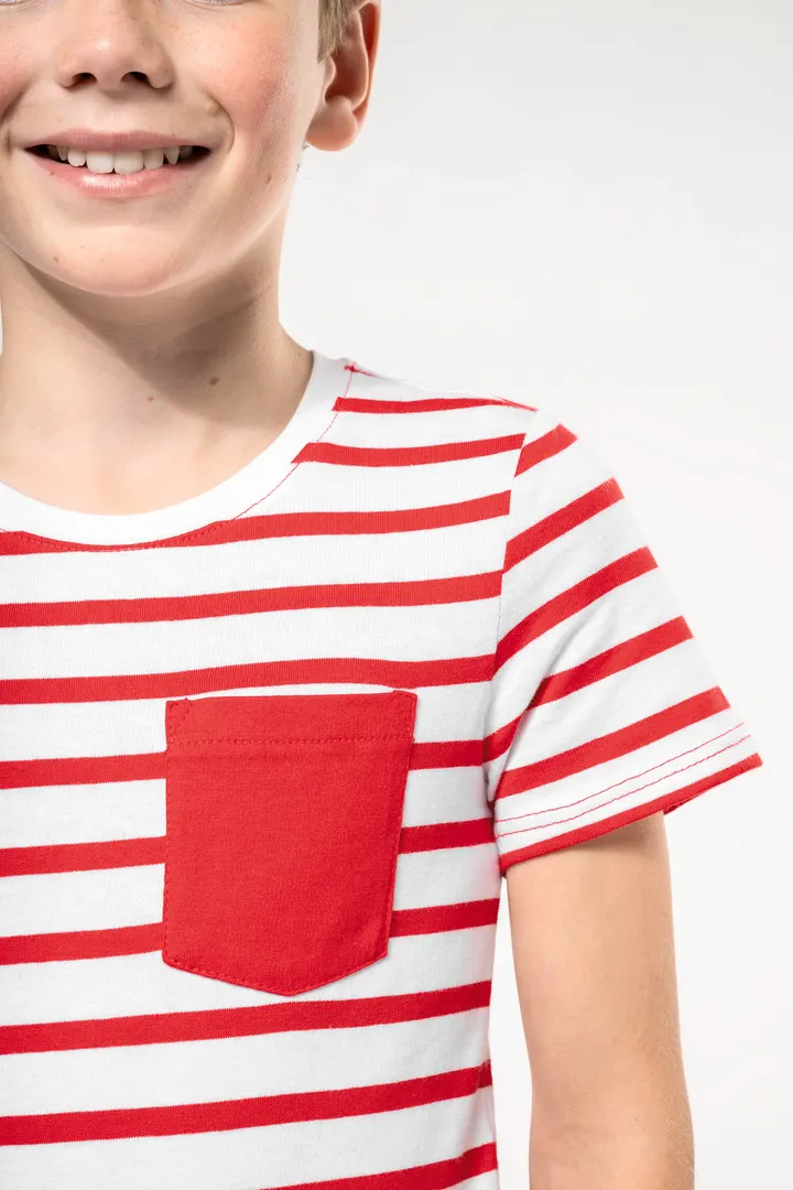 Gestreiftes Kurzarm-T-Shirt mit Tasche für Kinder im Marine-Stil 17
