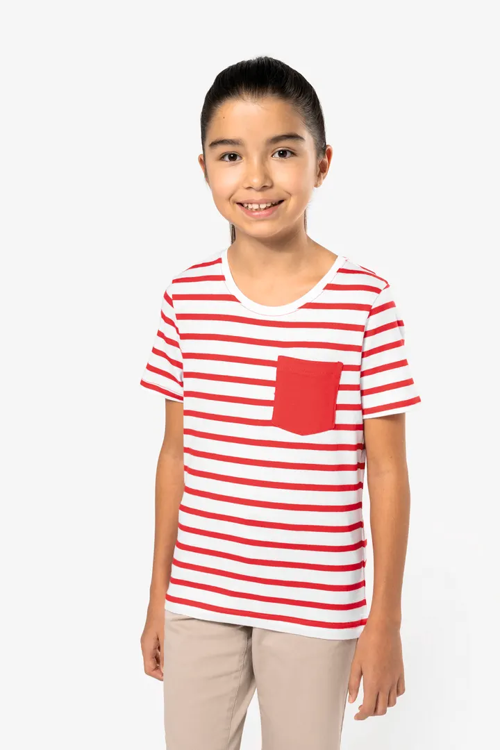 Gestreiftes Kurzarm-T-Shirt mit Tasche für Kinder im Marine-Stil 4