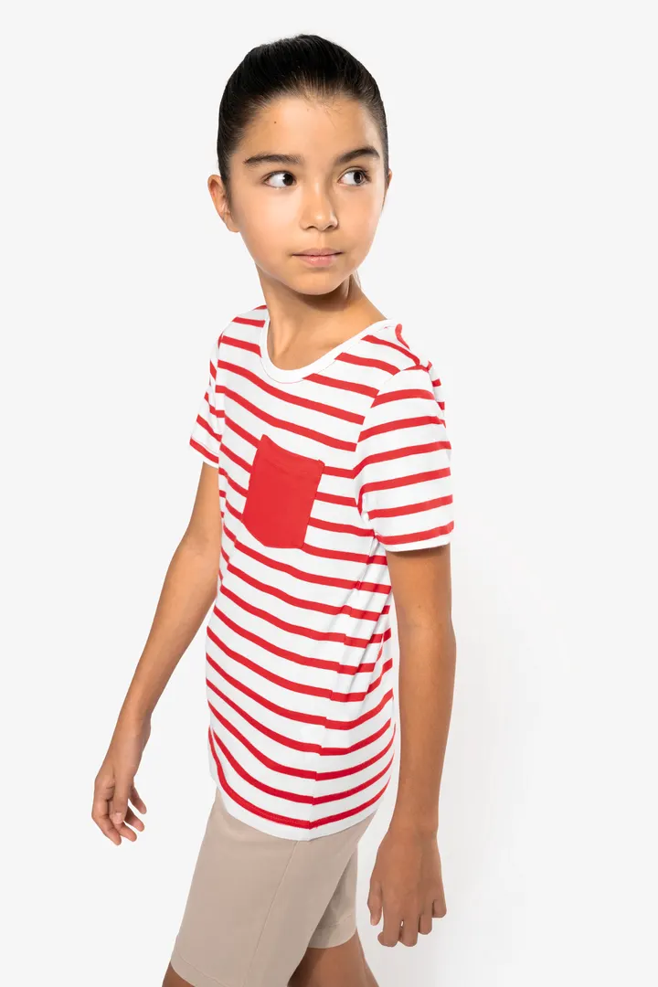 Gestreiftes Kurzarm-T-Shirt mit Tasche für Kinder im Marine-Stil 5