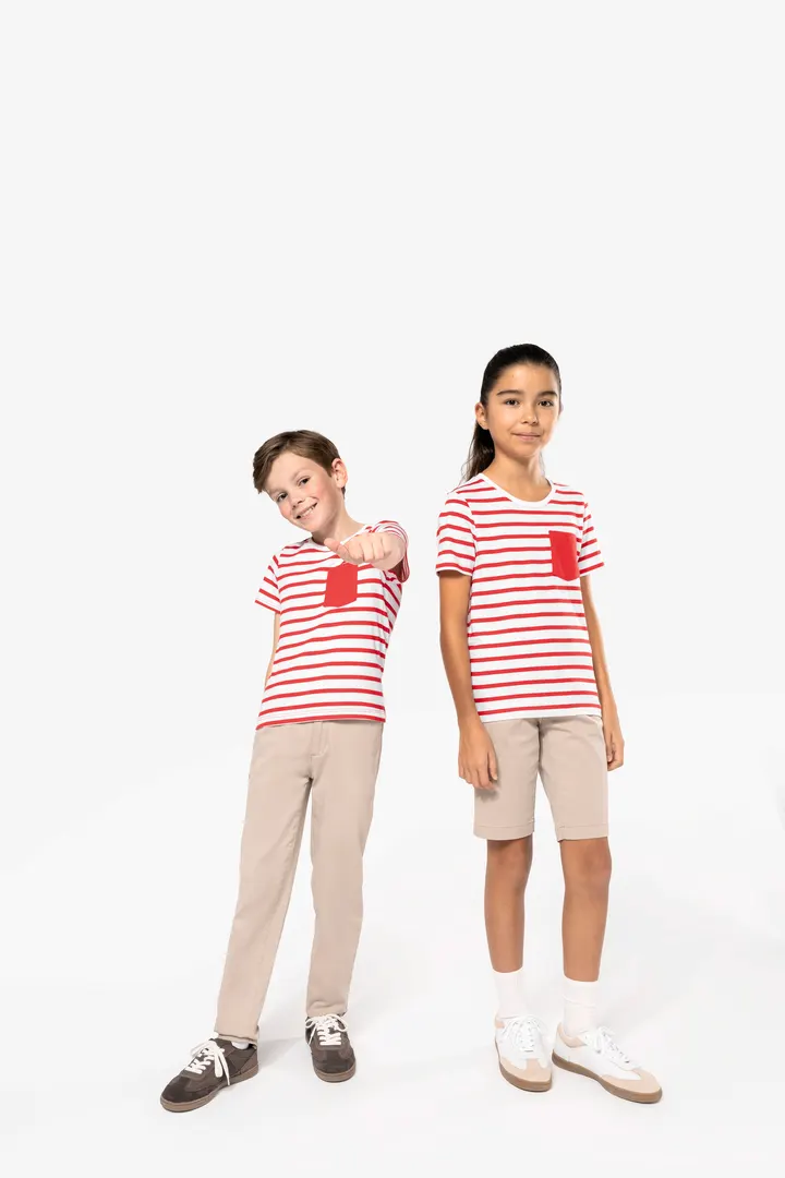Gestreiftes Kurzarm-T-Shirt mit Tasche für Kinder im Marine-Stil 7