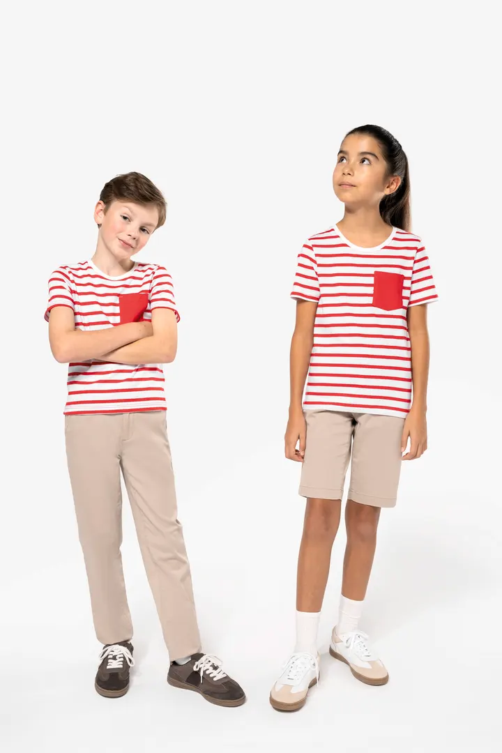 Gestreiftes Kurzarm-T-Shirt mit Tasche für Kinder im Marine-Stil 9