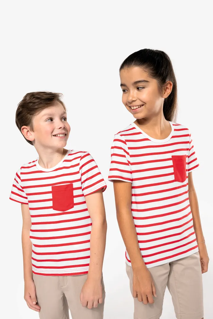 Gestreiftes Kurzarm-T-Shirt mit Tasche für Kinder im Marine-Stil 10