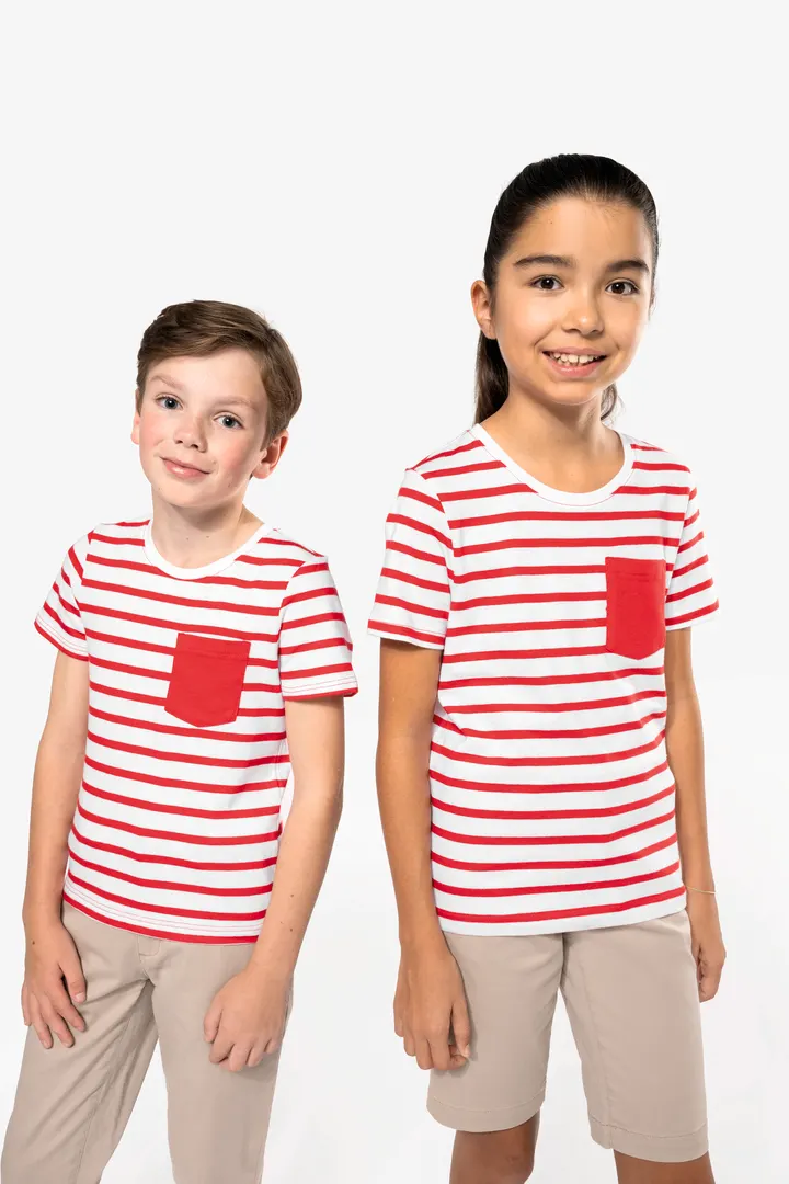 Gestreiftes Kurzarm-T-Shirt mit Tasche für Kinder im Marine-Stil 11