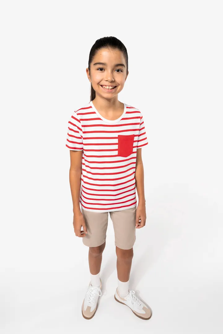 Gestreiftes Kurzarm-T-Shirt mit Tasche für Kinder im Marine-Stil 2