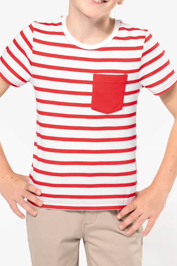 Gestreiftes Kurzarm-T-Shirt mit Tasche für Kinder im Marine-Stil 1
