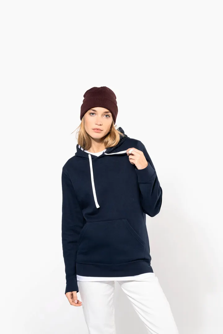Unisex-Kapuzensweatshirt mit kontrastfarbener Kapuze und Motiven 10