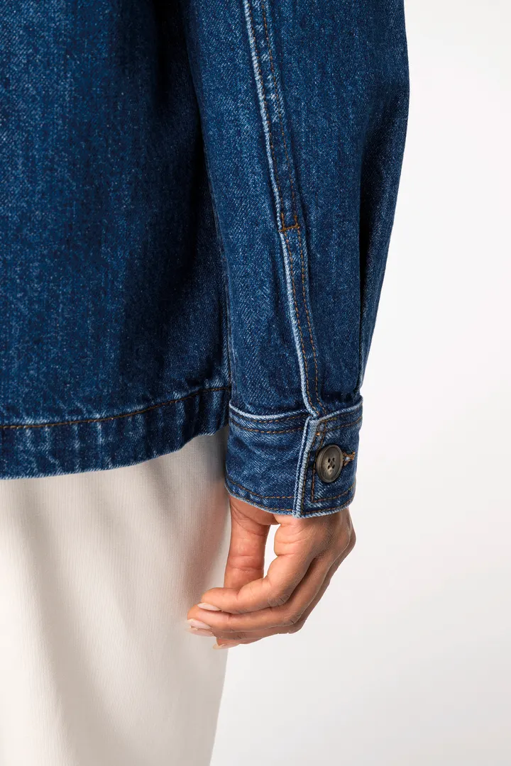 Umweltfreundliche Unisex-Jeansjacke mit überschnittenen Schultern 5