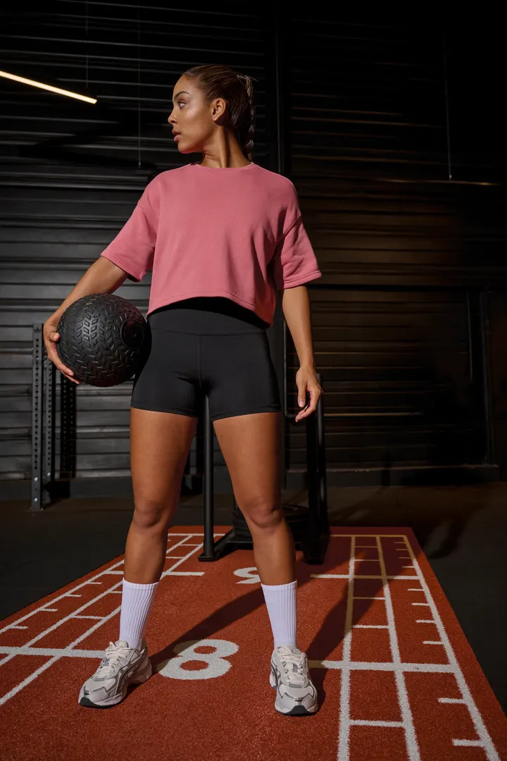 Damen Cropped-Sweatshirt mit kurzen Ärmeln und Rundhalsausschnitt 12
