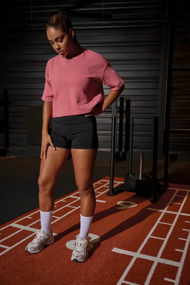 Damen Cropped-Sweatshirt mit kurzen Ärmeln und Rundhalsausschnitt 10