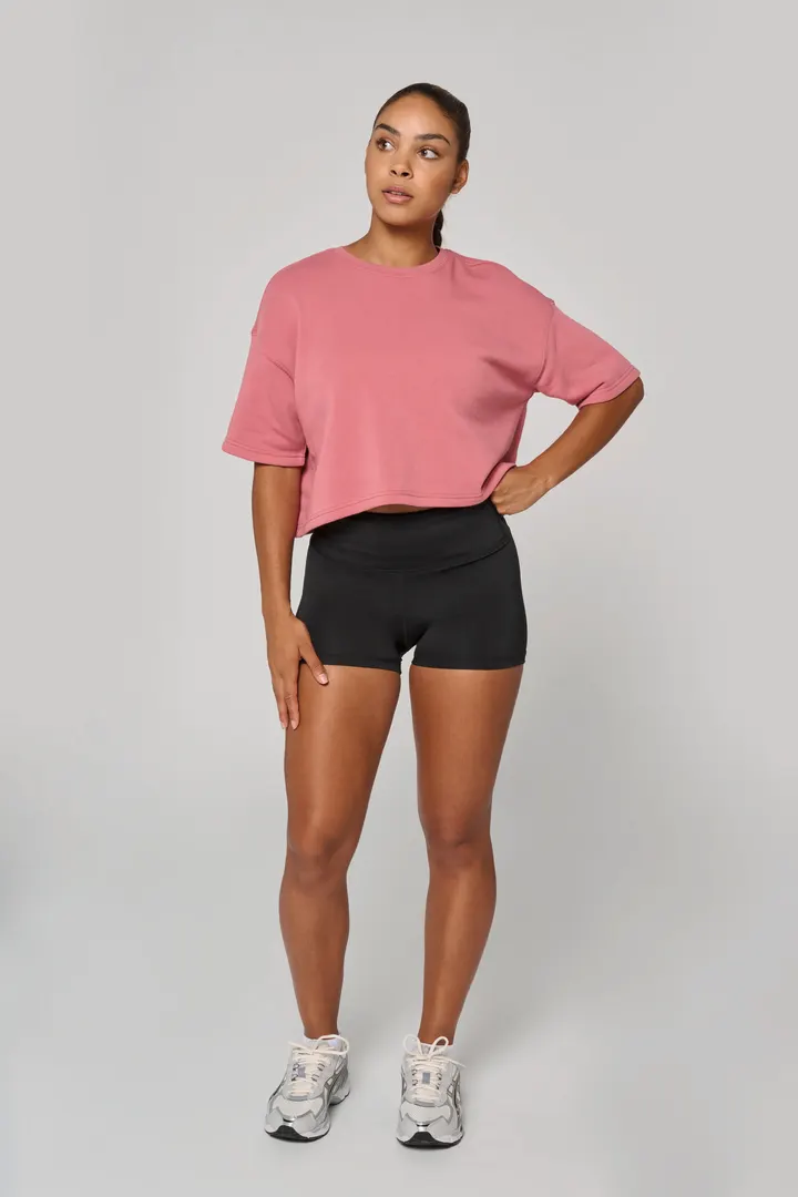 Damen Cropped-Sweatshirt mit kurzen Ärmeln und Rundhalsausschnitt 24