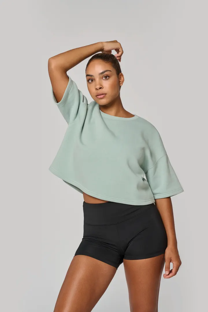 Damen Cropped-Sweatshirt mit kurzen Ärmeln und Rundhalsausschnitt 35