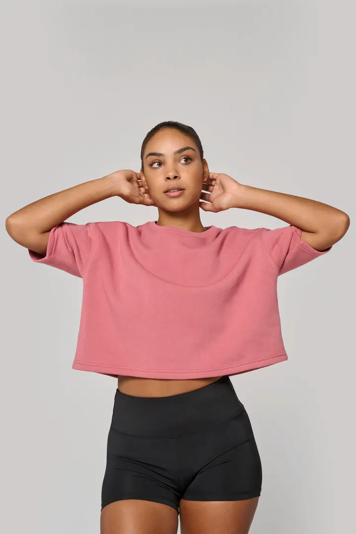 Damen Cropped-Sweatshirt mit kurzen Ärmeln und Rundhalsausschnitt 36