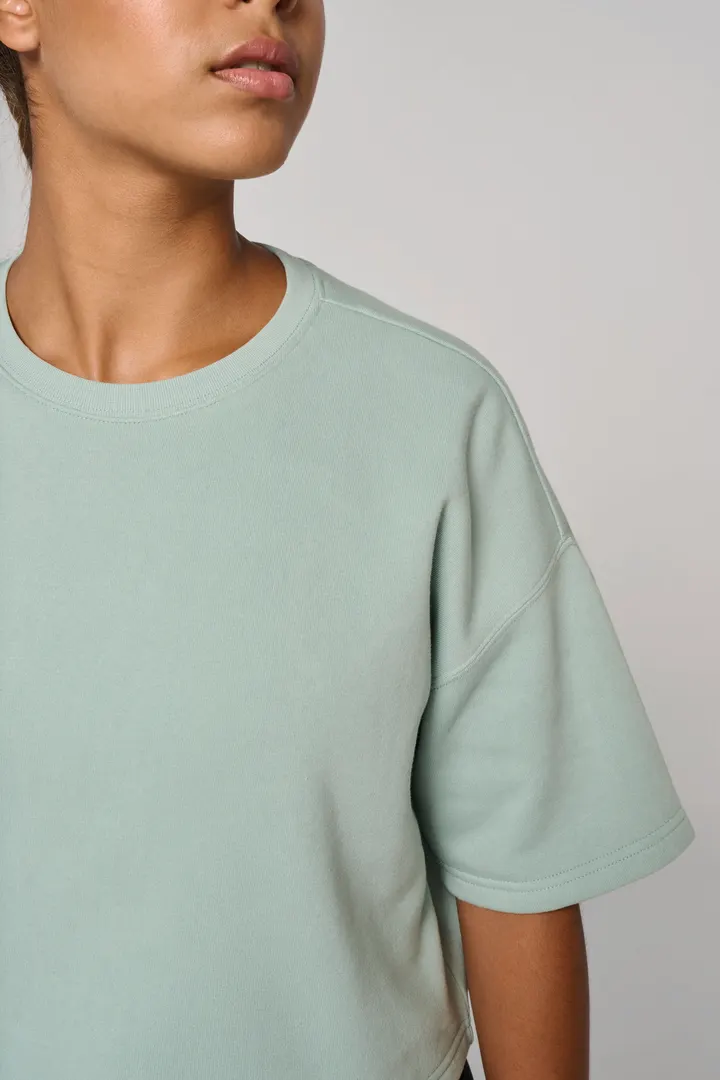 Damen Cropped-Sweatshirt mit kurzen Ärmeln und Rundhalsausschnitt 2
