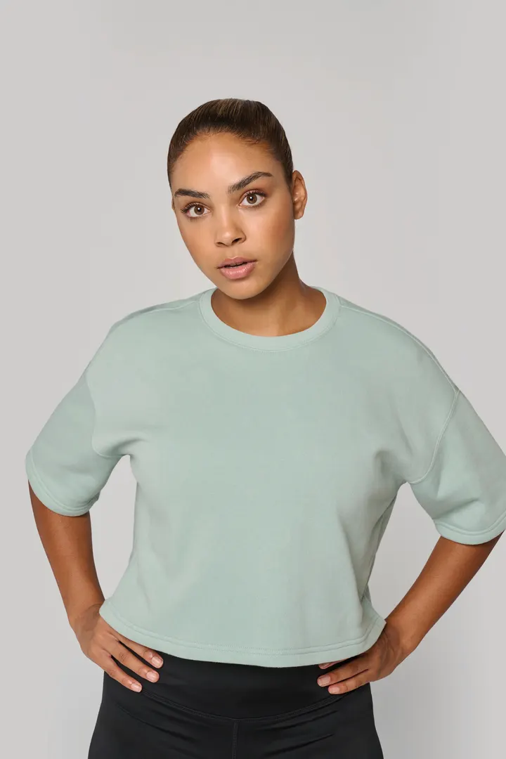 Damen Cropped-Sweatshirt mit kurzen Ärmeln und Rundhalsausschnitt 5