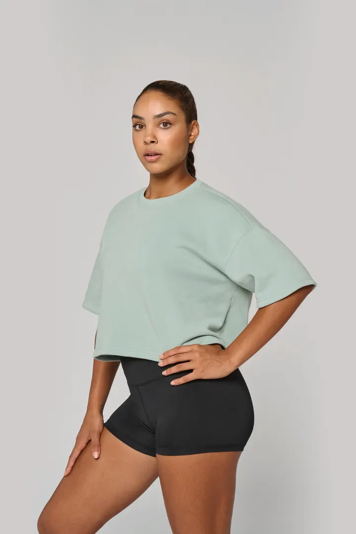 Damen Cropped-Sweatshirt mit kurzen Ärmeln und Rundhalsausschnitt 7