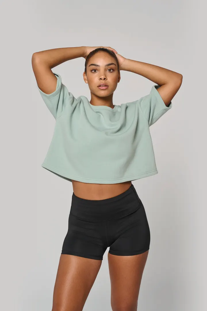 Damen Cropped-Sweatshirt mit kurzen Ärmeln und Rundhalsausschnitt 8