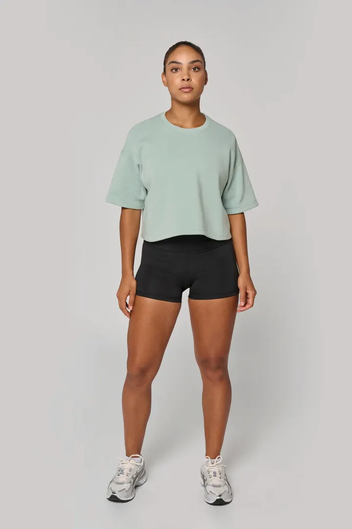 Damen Cropped-Sweatshirt mit kurzen Ärmeln und Rundhalsausschnitt 9