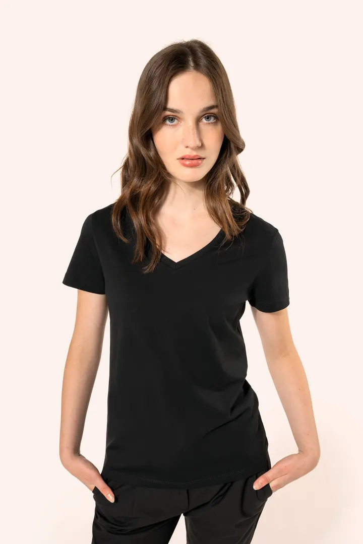 Supima® Damen-T-Shirt mit V-Ausschnitt und kurzen Ärmeln 8
