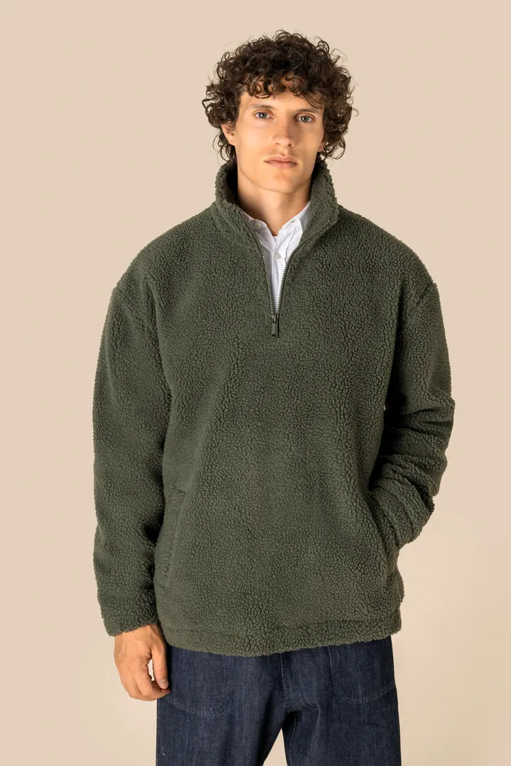 Unisex-Sweatshirt mit 1/4-Reißverschluss und überschnittenen Schultern aus Sherpa-Material 7